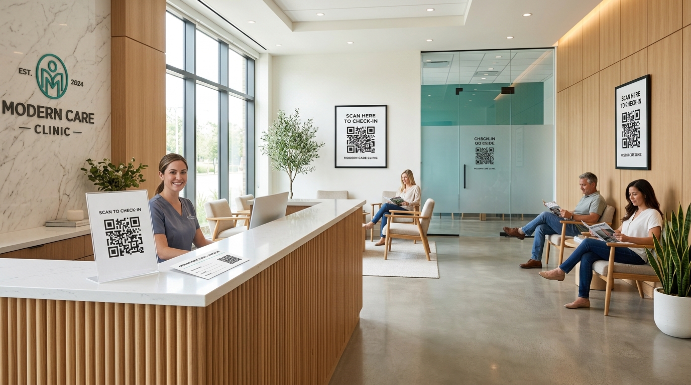 Patient Check-In QR Code placement examples at a clinic reception, entrance, waiting room, and appointment card