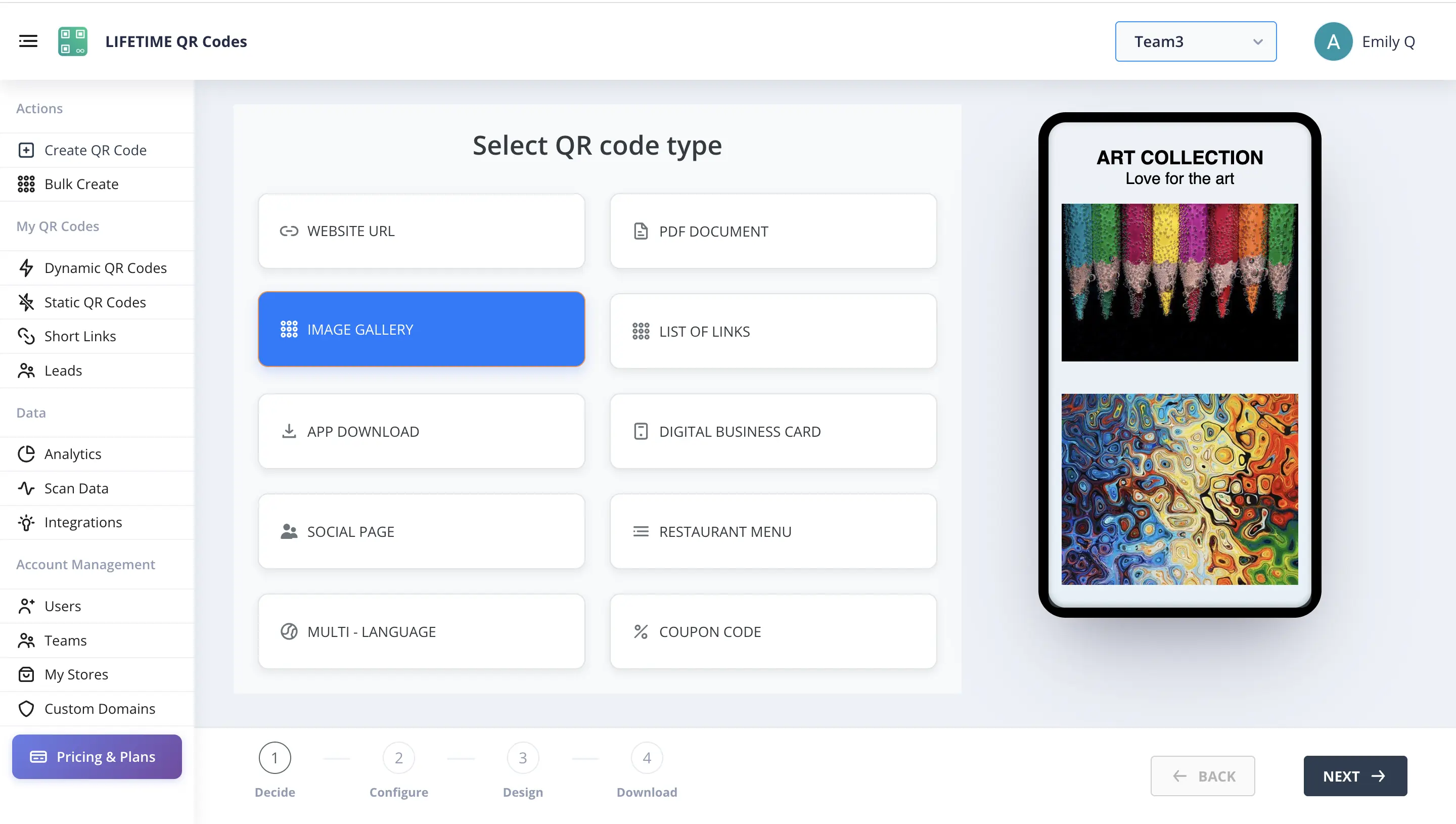 LifetimeQR Image Gallery Dashboard