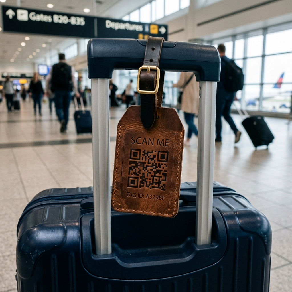 Premium leather luggage tag with QR code on a suitcase